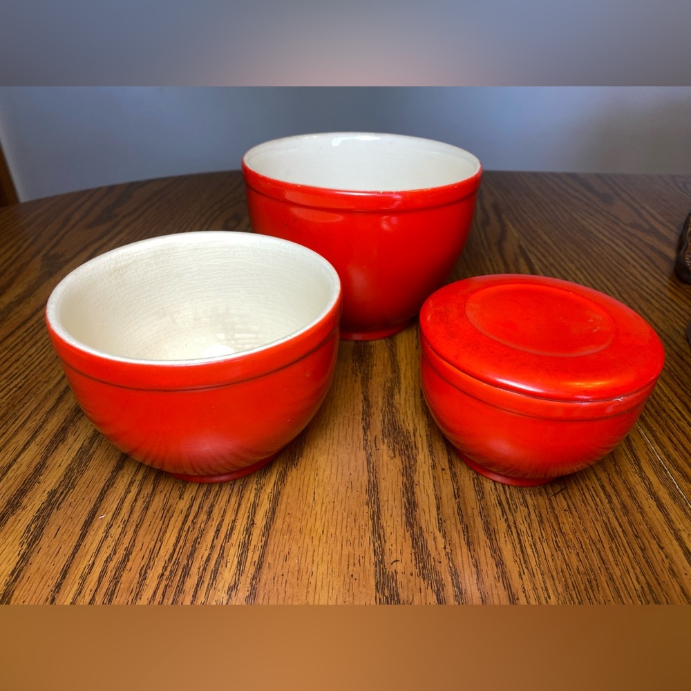 Vintage 4pc Universal Cambridge Pottery Red Mixing Batter Nesting Bowls/Lid